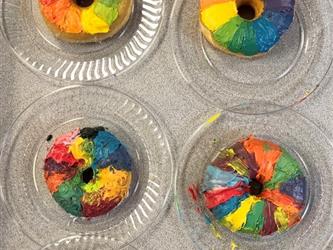 Picture of donuts covered in different colors teaching cosmetology students about color theory
